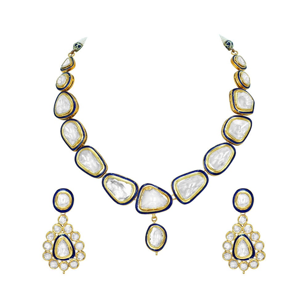 Polki Necklace Set with Blue Enamel and Matching Drop Earrings